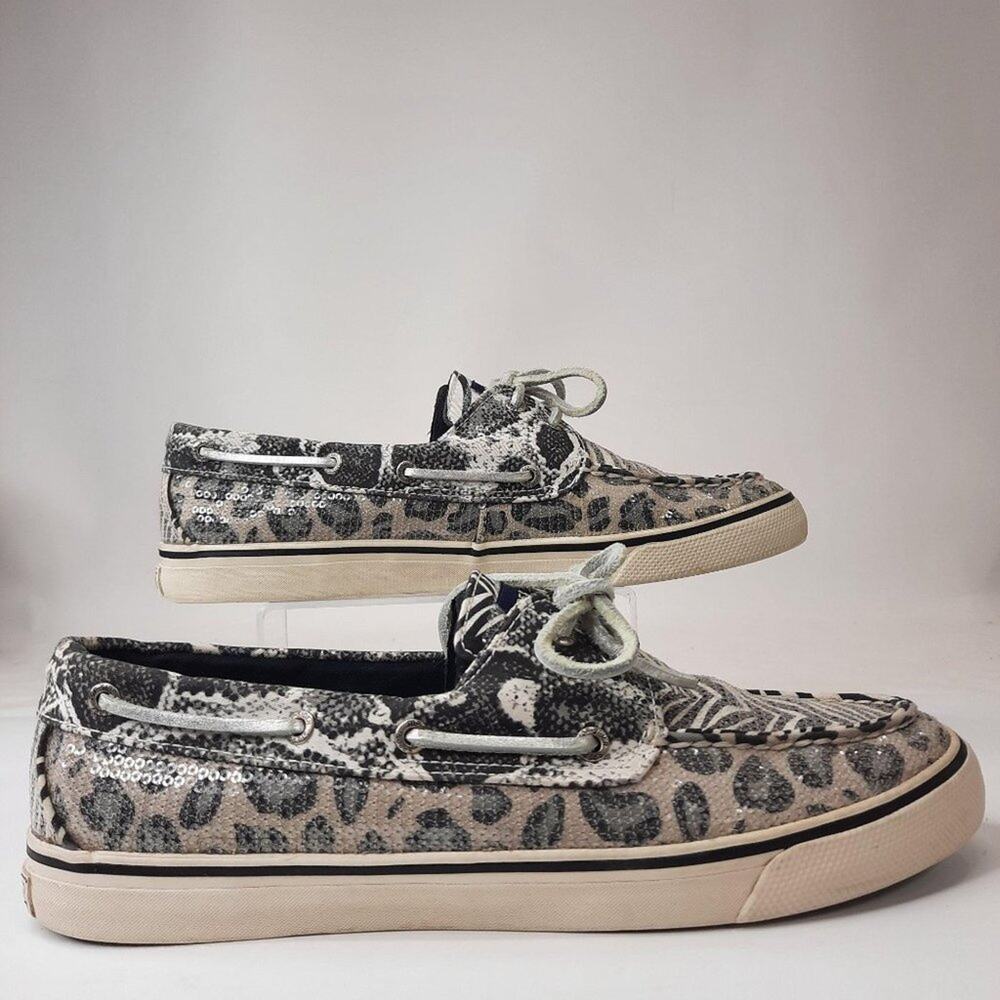 Sperry Dock-Siders Shoes Womens 9.5 Zebra Stripe‎ Leopard Print Black & White